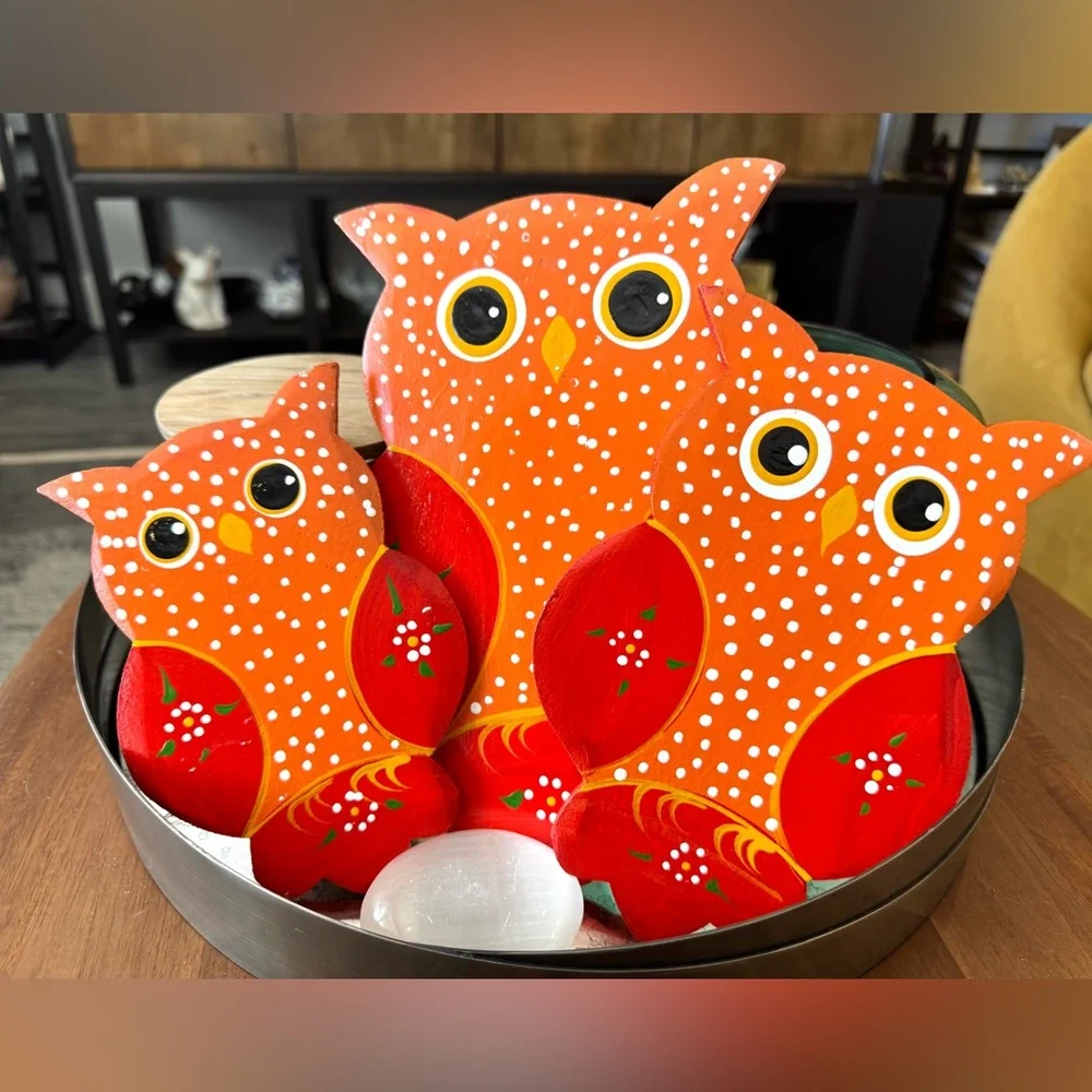 Set of Three Wood Orange Owl Wall Art